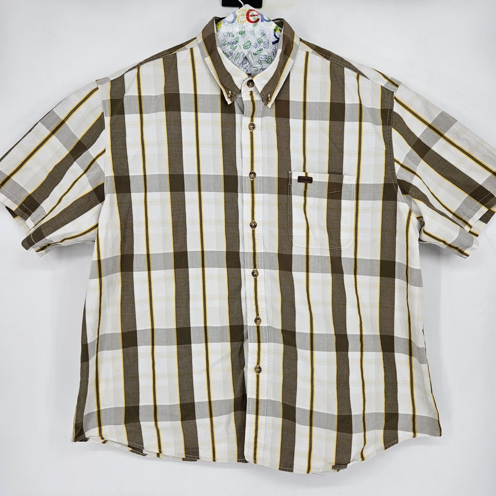 Carhartt Shirt Mens 2XL Button Up Brown‎ White Plaid Short Sleeve Workwear